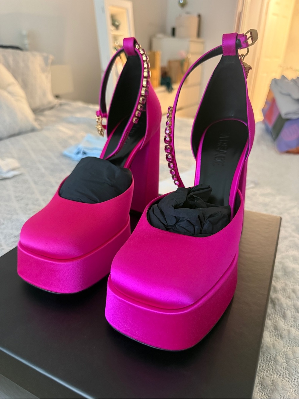 Versace Fuchsia Satin Platform Slingback Heels with Jeweled Strap